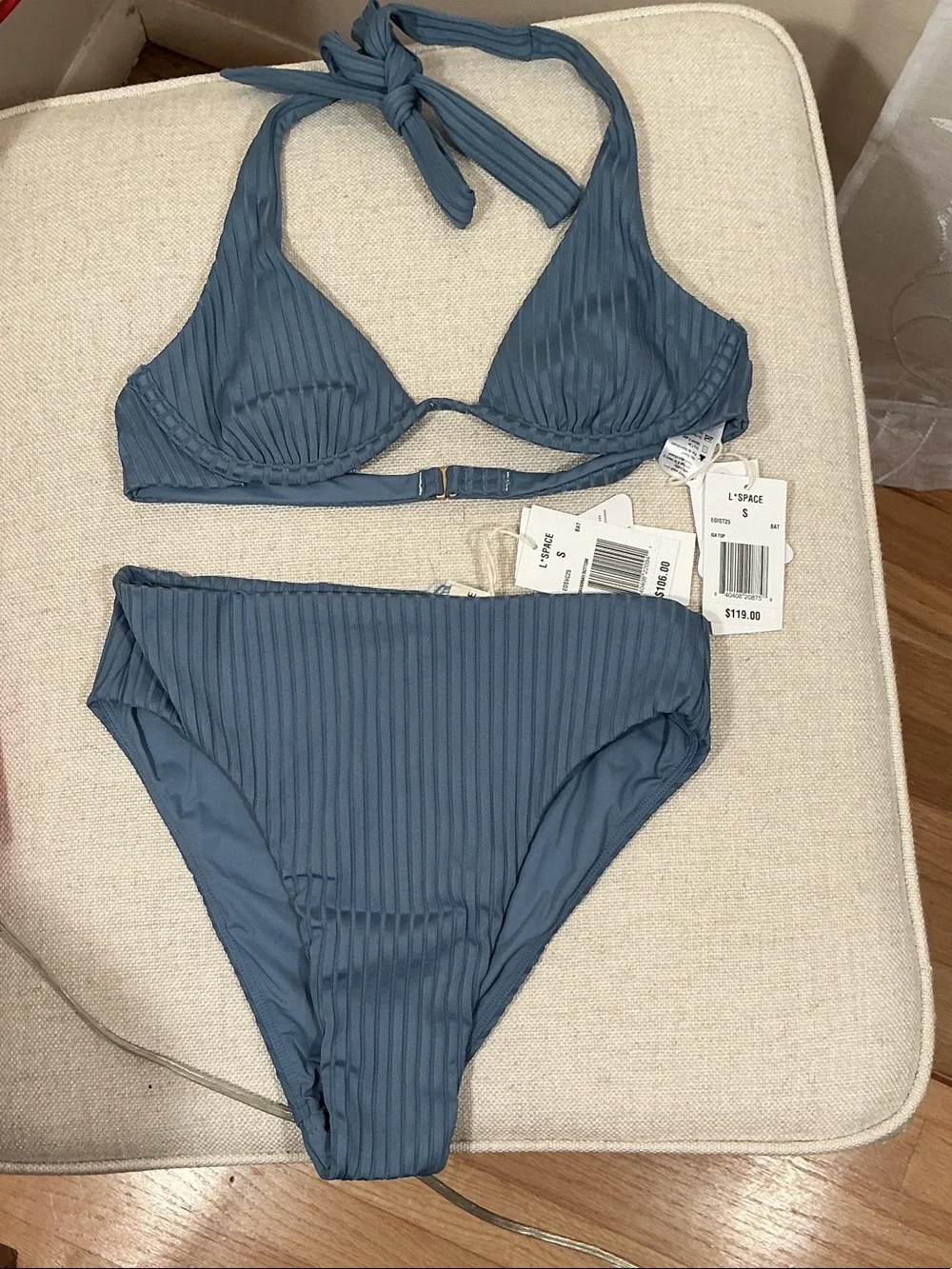 NWT L*SPACE Ribbed High-Waist Bikini Set Slate Blue Underwired Halter Bra Sz S